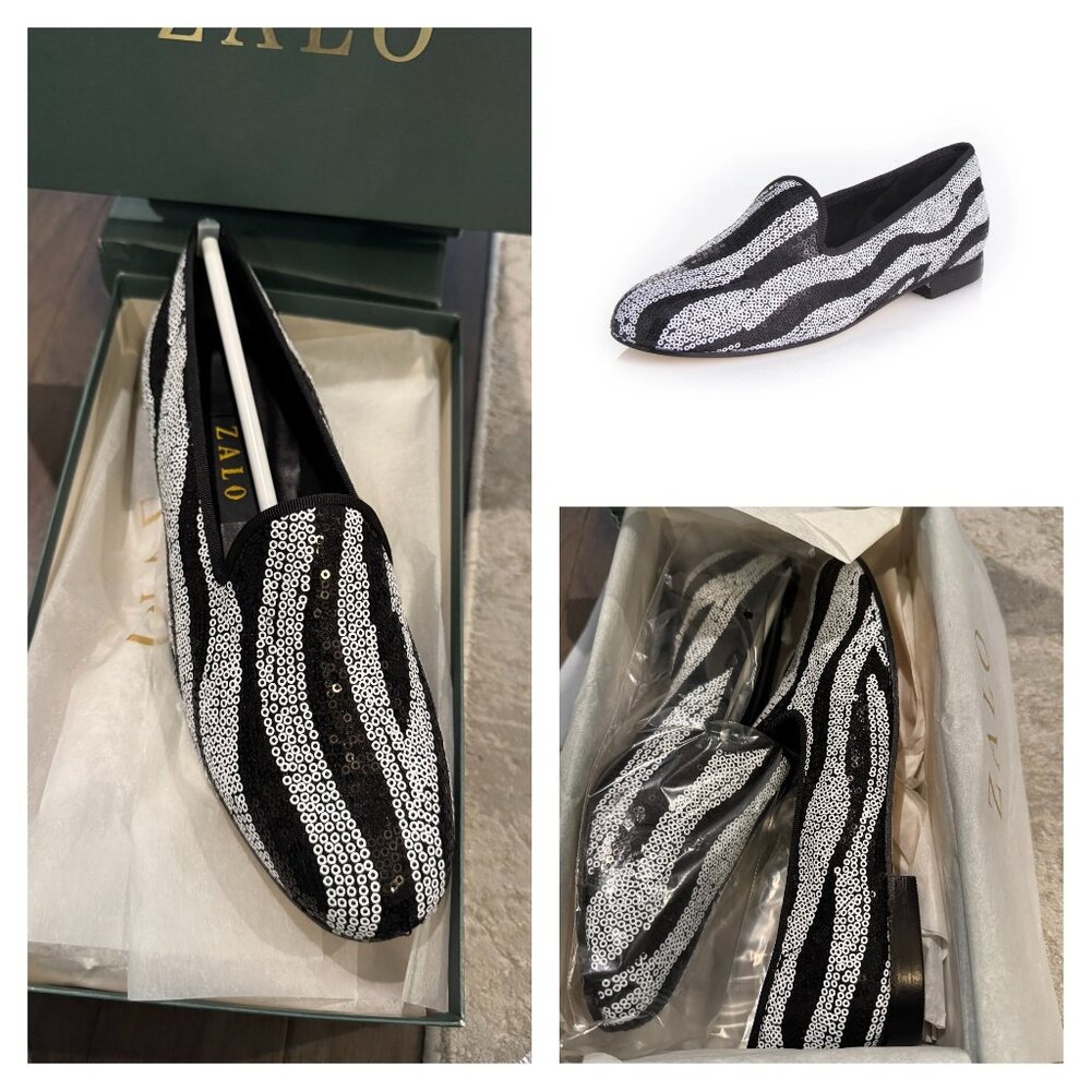 Zalo Gentry Flat Oxford Black White Diana Slip On Zebra Loafer Spain Sequins NEW